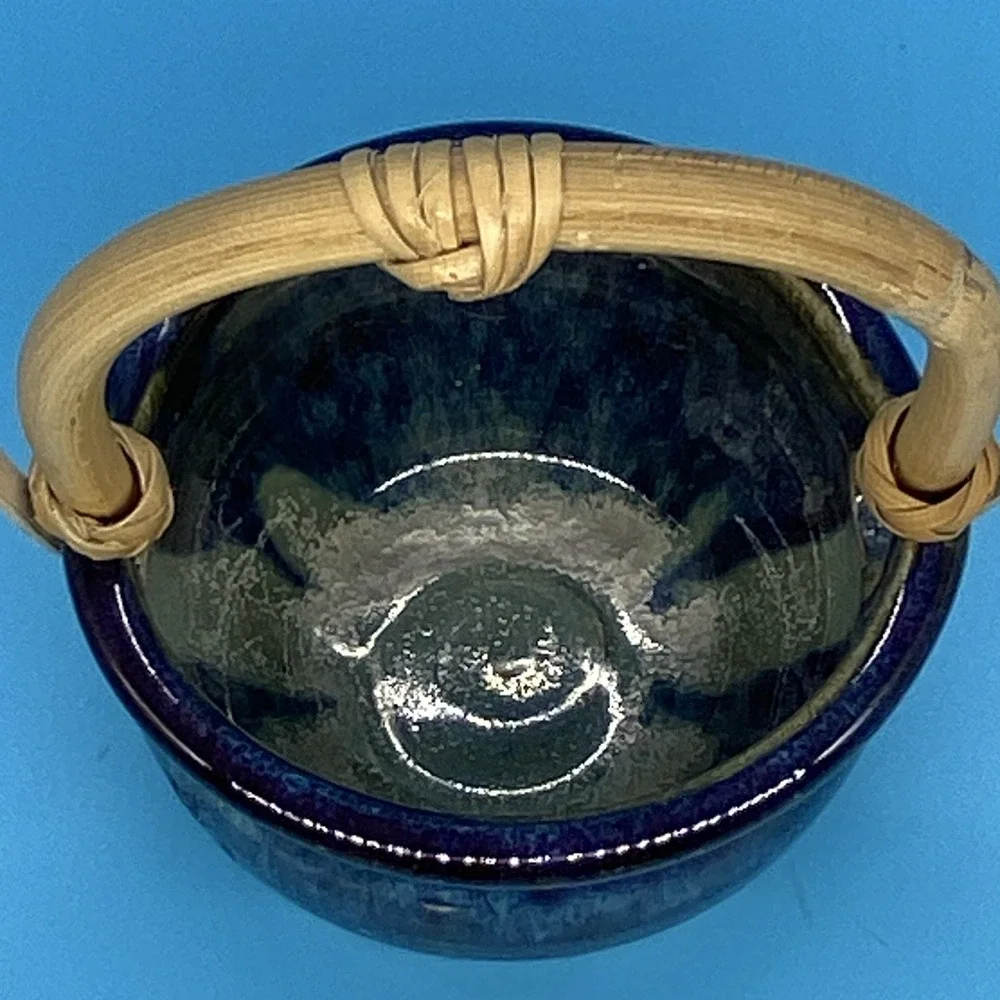 Vintage Studio Art Pottery Basket Bowl Blue Purple Glaze Bamboo Handle Signed